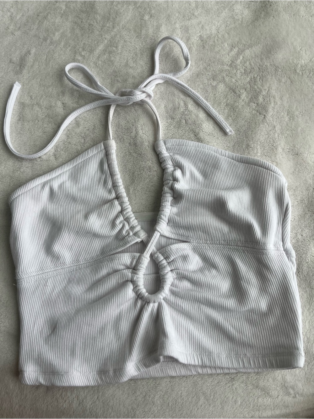 Editorial White Ribbed Halter Crop Top with Front Ring Detail